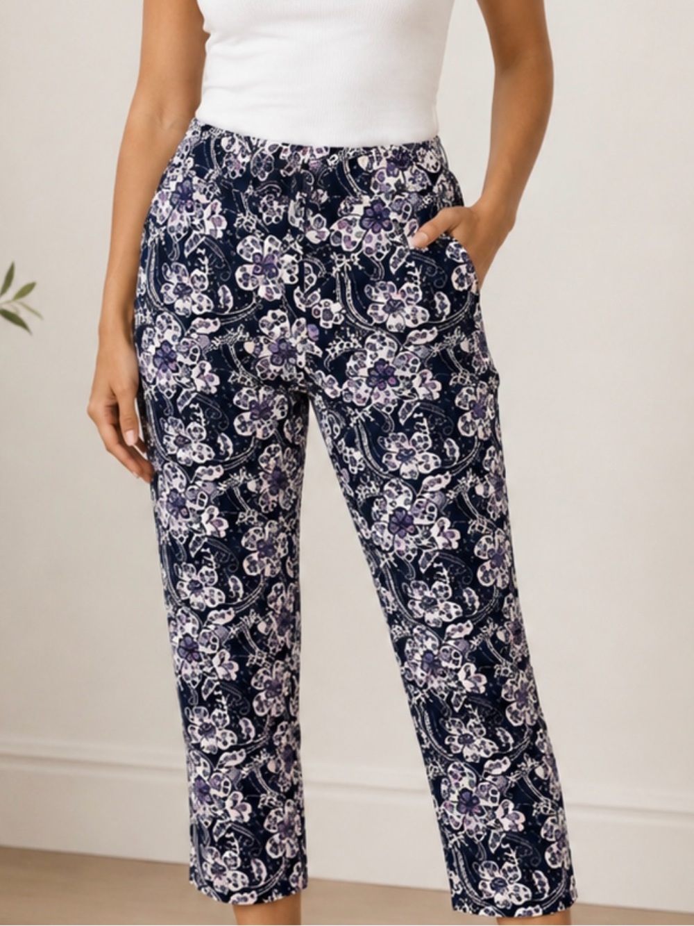 Talbots Printed Crop Pants in Navy, White, Purple.